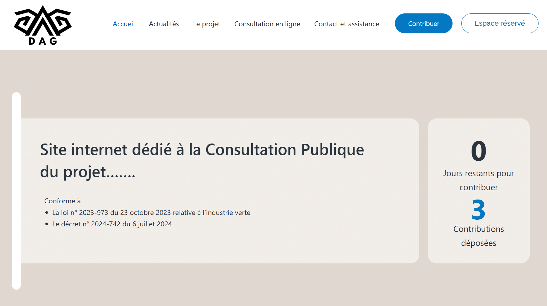 Aperçu d’un site web d’enquête publique conforme, ergonomique et responsive, conçu par l’Agence DAG, intégrant les documents du dossier, les avis, les observations du public et les modalités de participation.