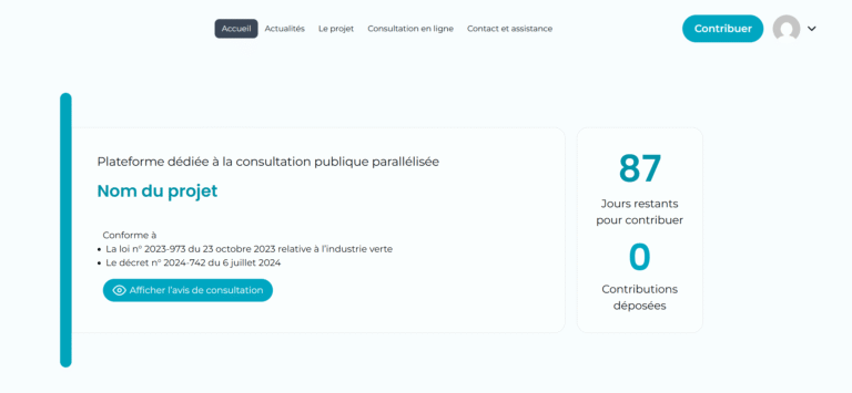 Maquette de plateforme en ligne pour la consultation publique parallélisée conforme à la Loi Industrie Verte, utilisée pour les projets ICPE et autorisations environnementales.